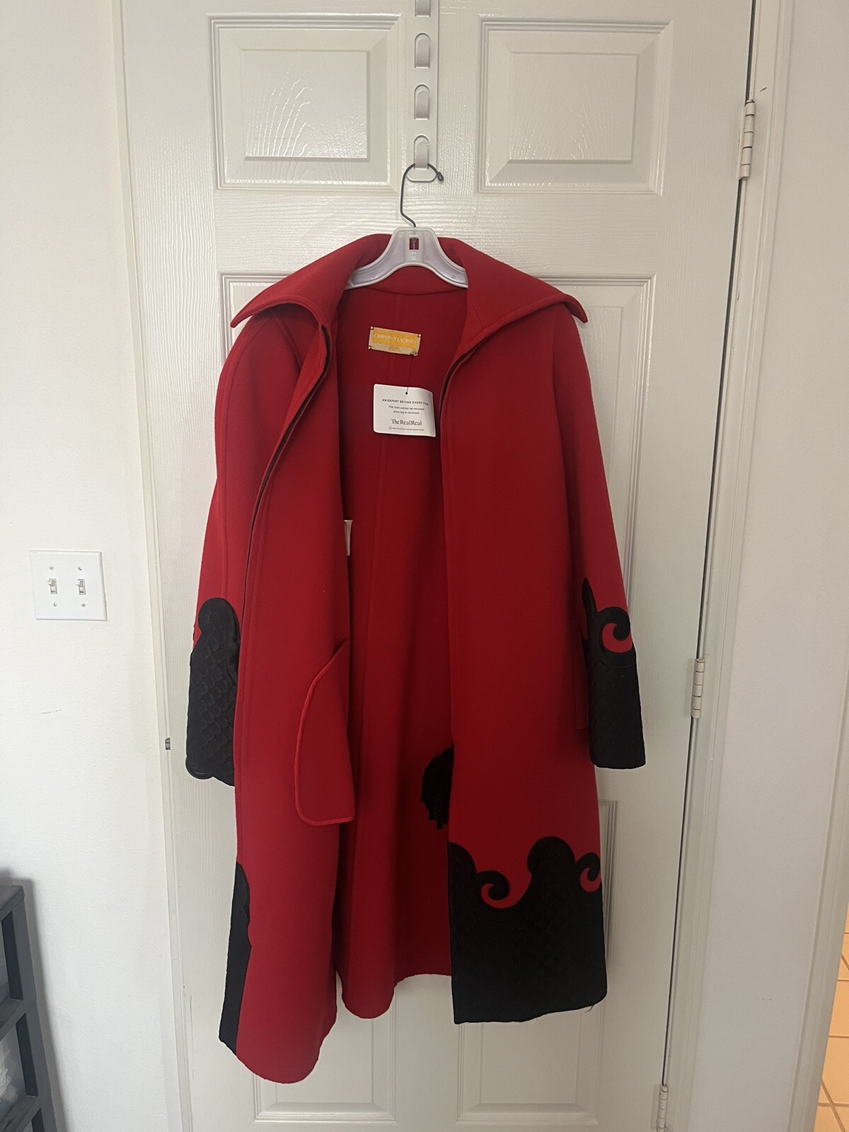 Christian Lacroix 1990s Red & Black Applique Coat W/Black Tassel Zipper