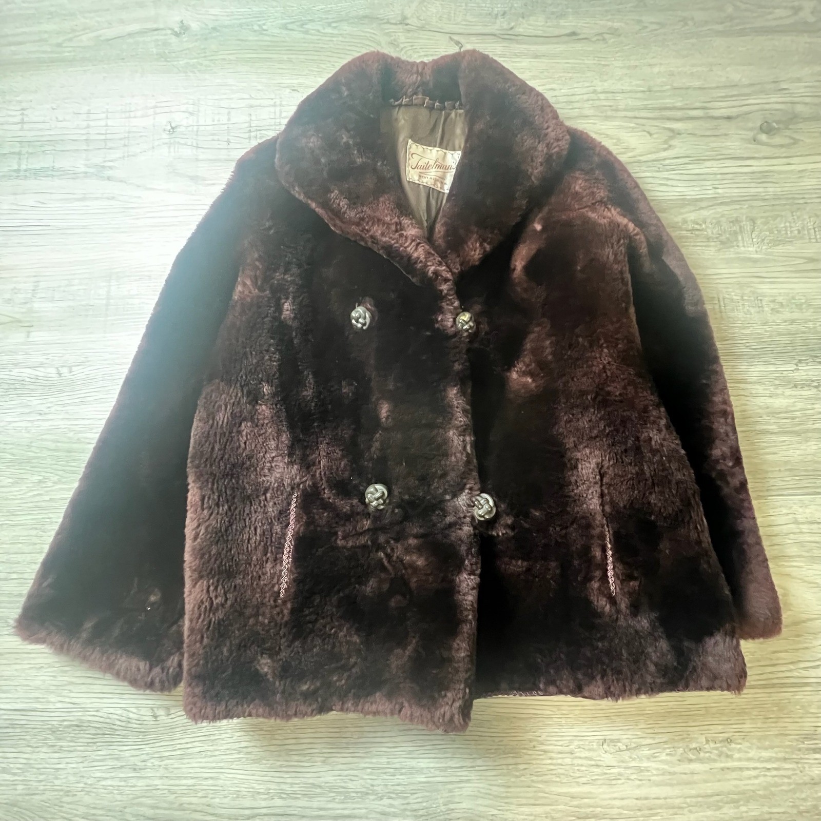Taitelman’s Fur Coat Womens M Burgundy Vintage Double Breasted Mid Century