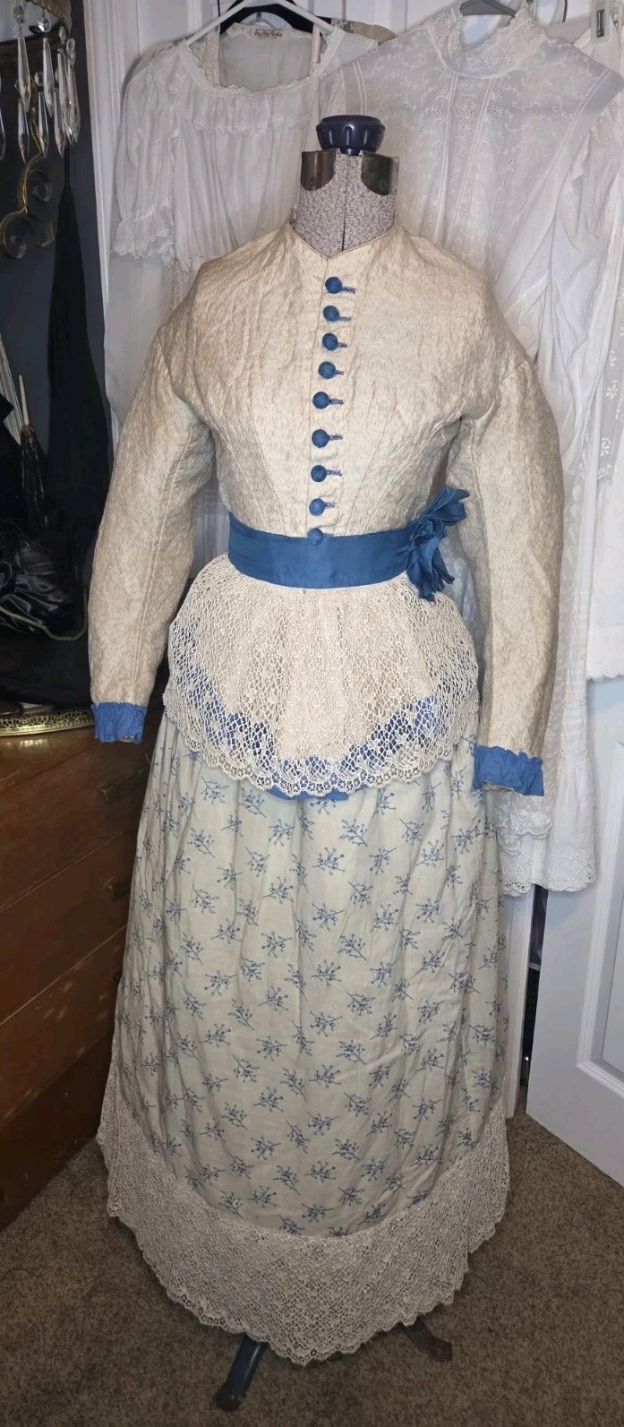 1850s Victorian 4pc Beige/Teal Cotton Blend Visiting Dress w/ Peplum & Lace Belt
