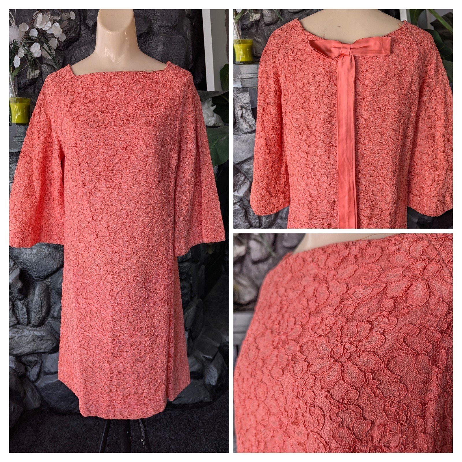 Vtg 60s Coral Peach Lace A-line Dress Bell Sleeves Satin Bow Sz M Party Cocktail