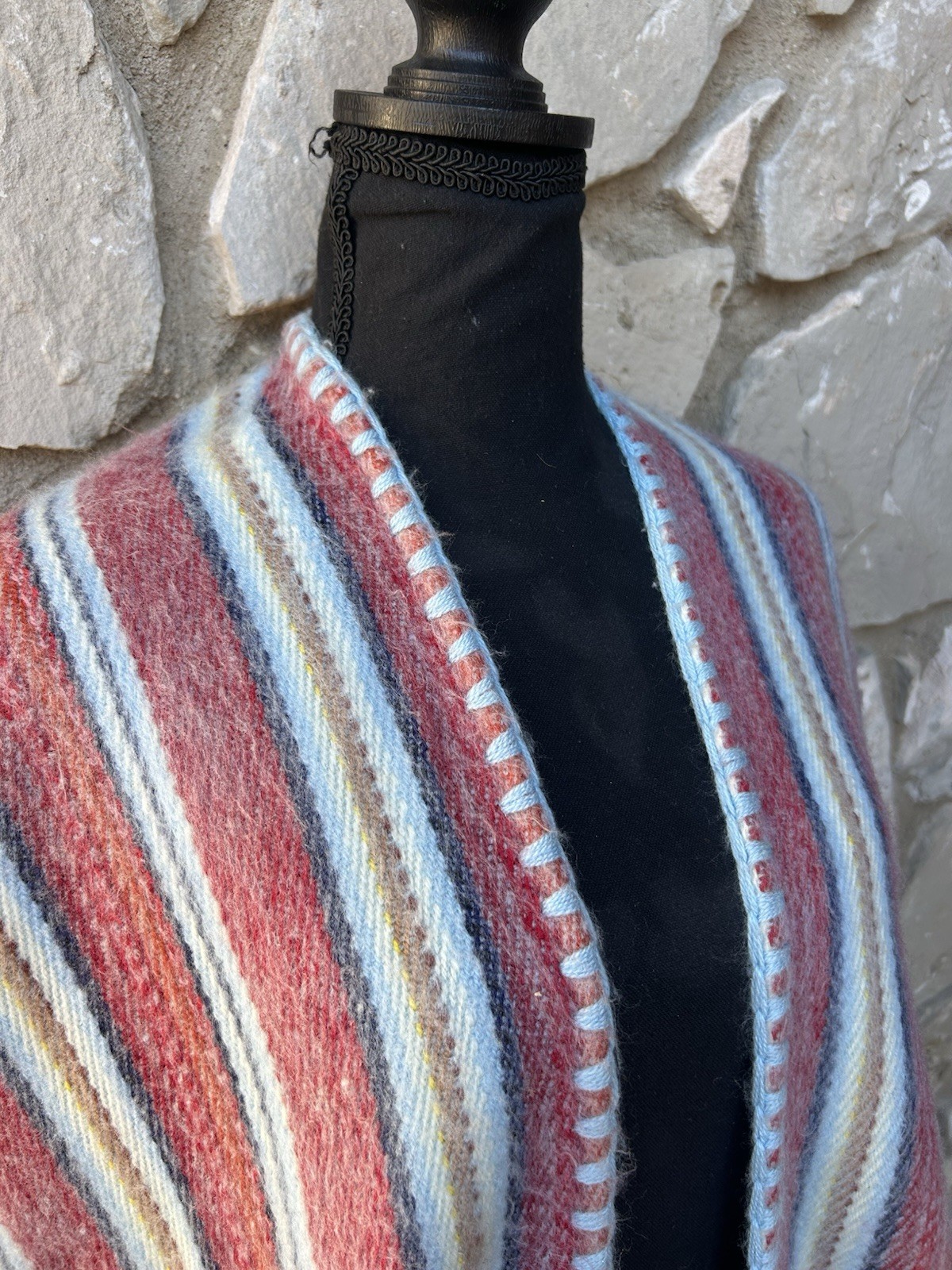 Vintage Poncho Serape Blanket Stripe Wool? Fringe Square 36″ One Size S M L XL