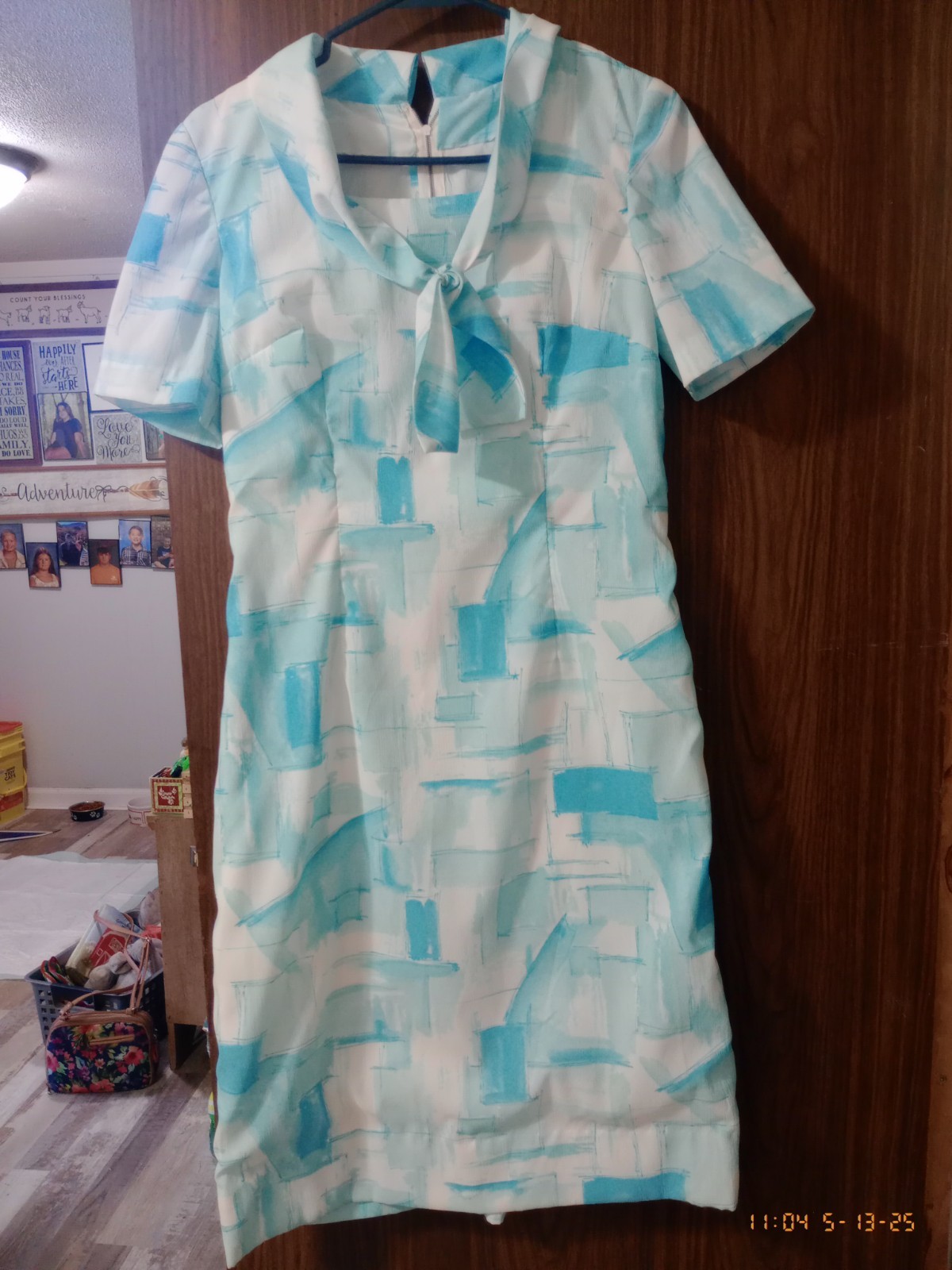 Vintage Mid-Century Handmade Dress White W/ Blue Geometric Pattern