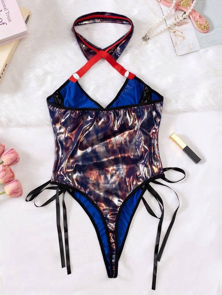 WET Look Open Crotch Lace Up Soft Metallic Halter Bodysuit Teddy Lingerie XL
