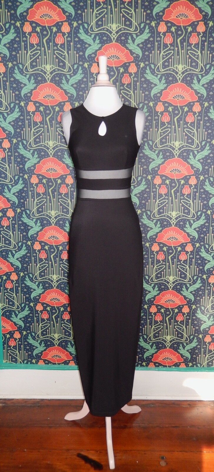 Vintage 90’s Y2K Rampage Black Whimsigoth Knit Sheer Mesh Waist Maxi Dress S