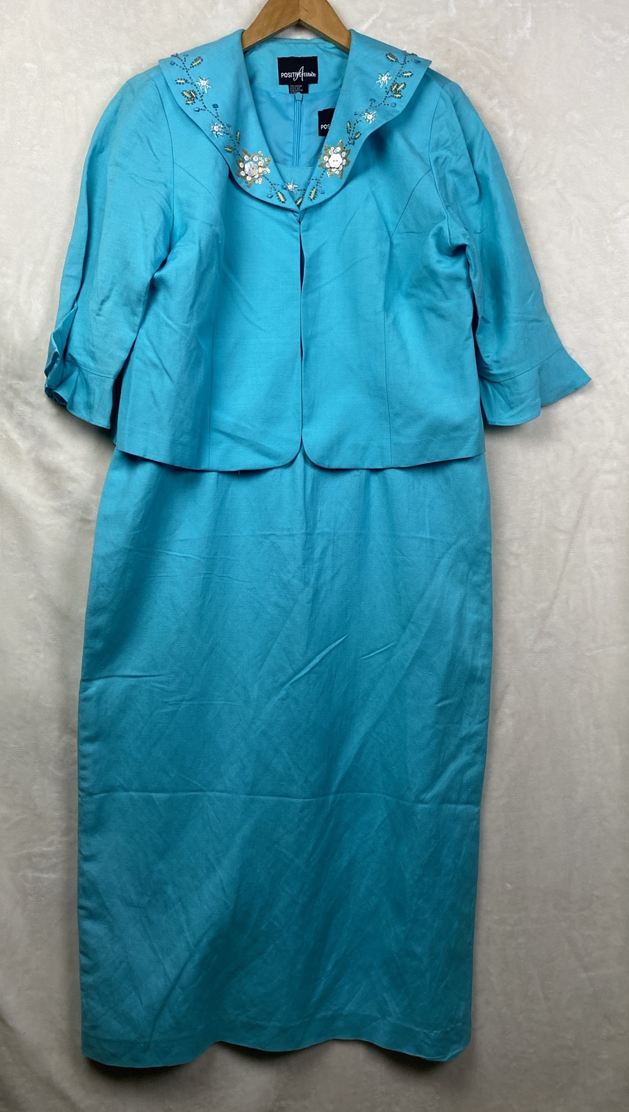 Positive Attitude Sheath Maxi Dress/Jacket 2Pc Set Womens 14P Linen Blend Beaded
