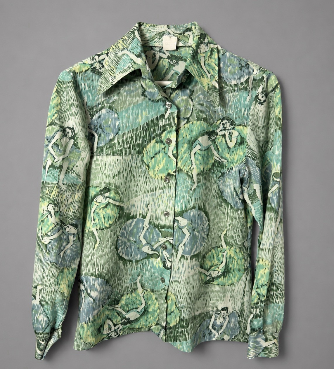 Vintage 60s/70s Womens M/L Green Novelty Dancer Print Shirt Blouse Top