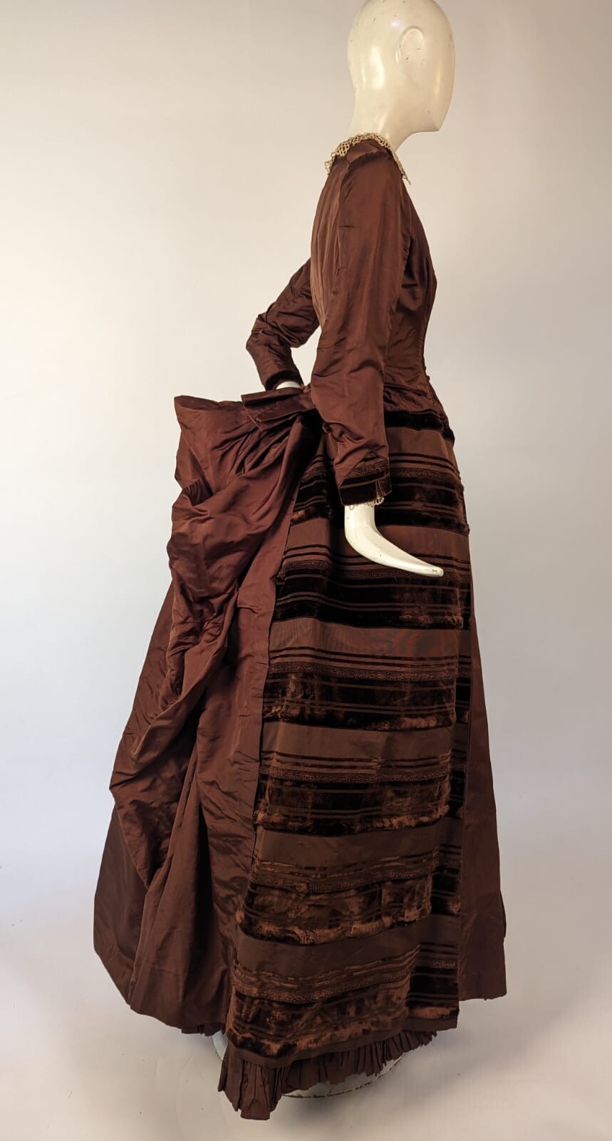 VICTORIAN 1880’S SILK BUSTLE DRESS W VELVET STRIPING + LABEL + BUILT IN BUSTLE