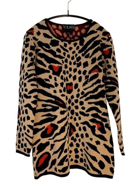 Vintage 80s Escada Laurel Animal Print Wool Knit Sweater and Skirt Set Sz S