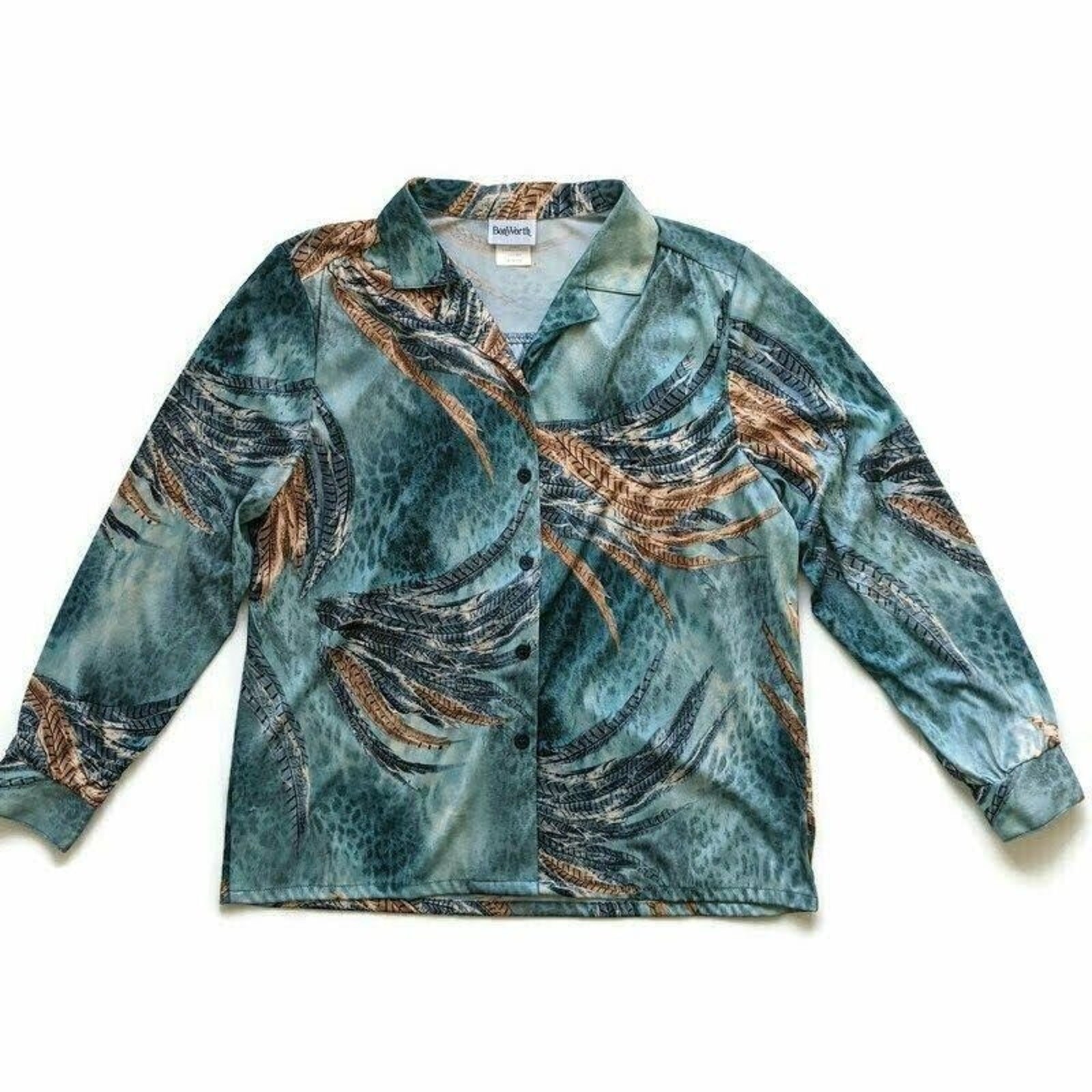 Vintage 90s Blouse MP Feather Print Knit Button Front Groovy Disco Stretchy