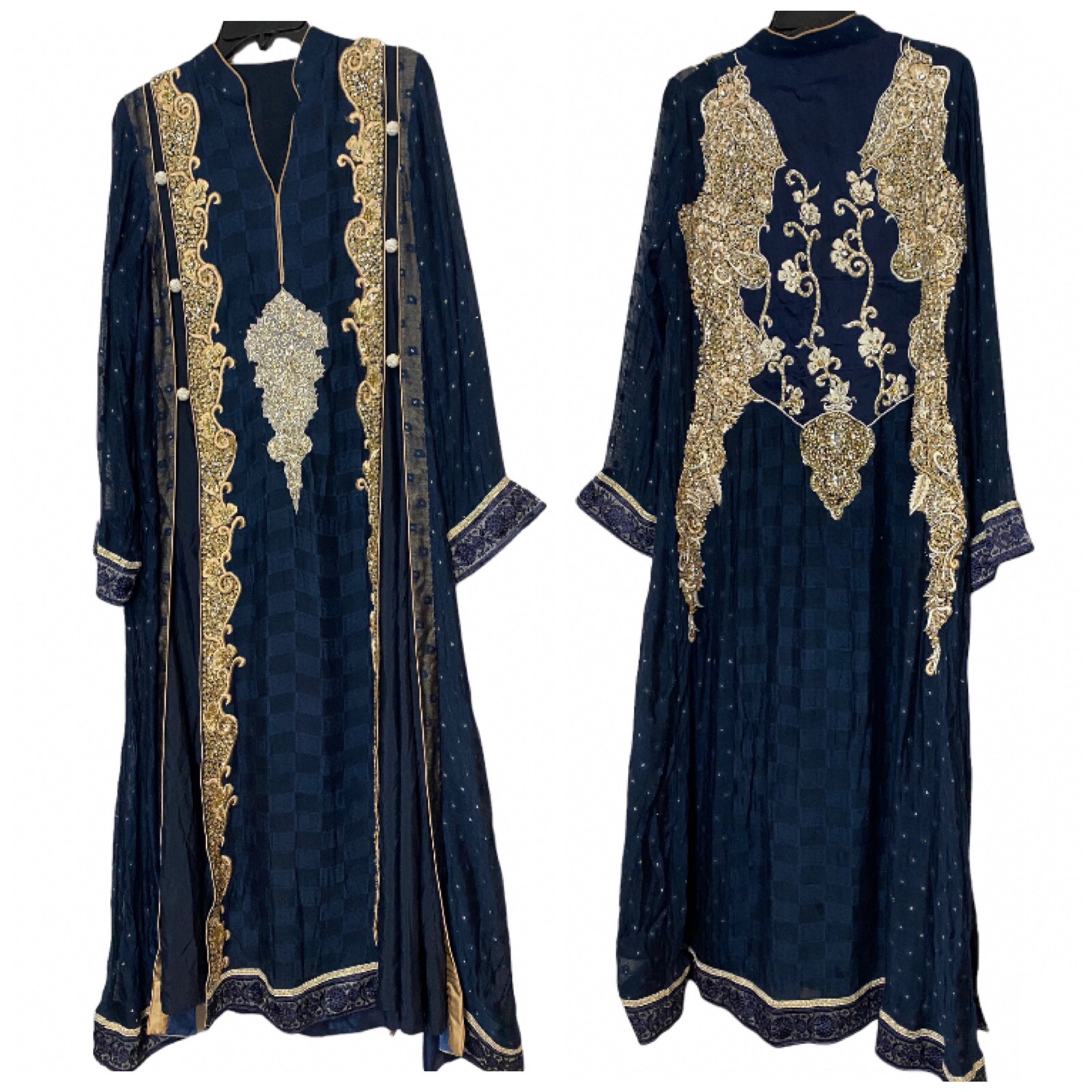 Vintage Party Evening Dress Tunic Blue Gold Floral Embellishments Size L/XL