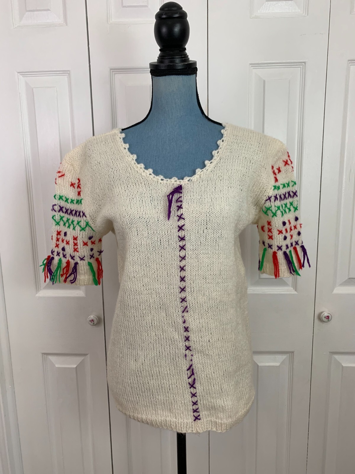 Vintage Wool Blend Hand Knit Sweater Short Sleeves 1960’s/1970’s Boho Hippy 40″