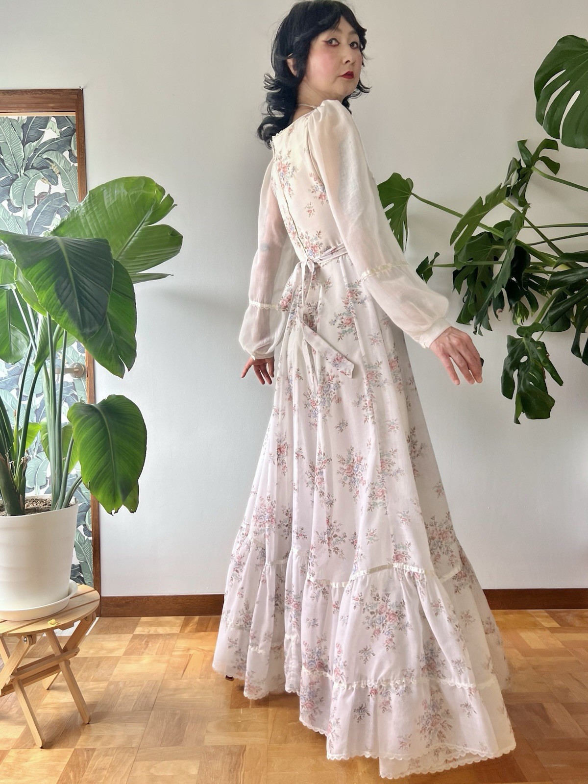 VTG 70s Gunne Sax Rose Bouquet Lace Up Corset Voile Prairie Maxi Dress XS/S Boho