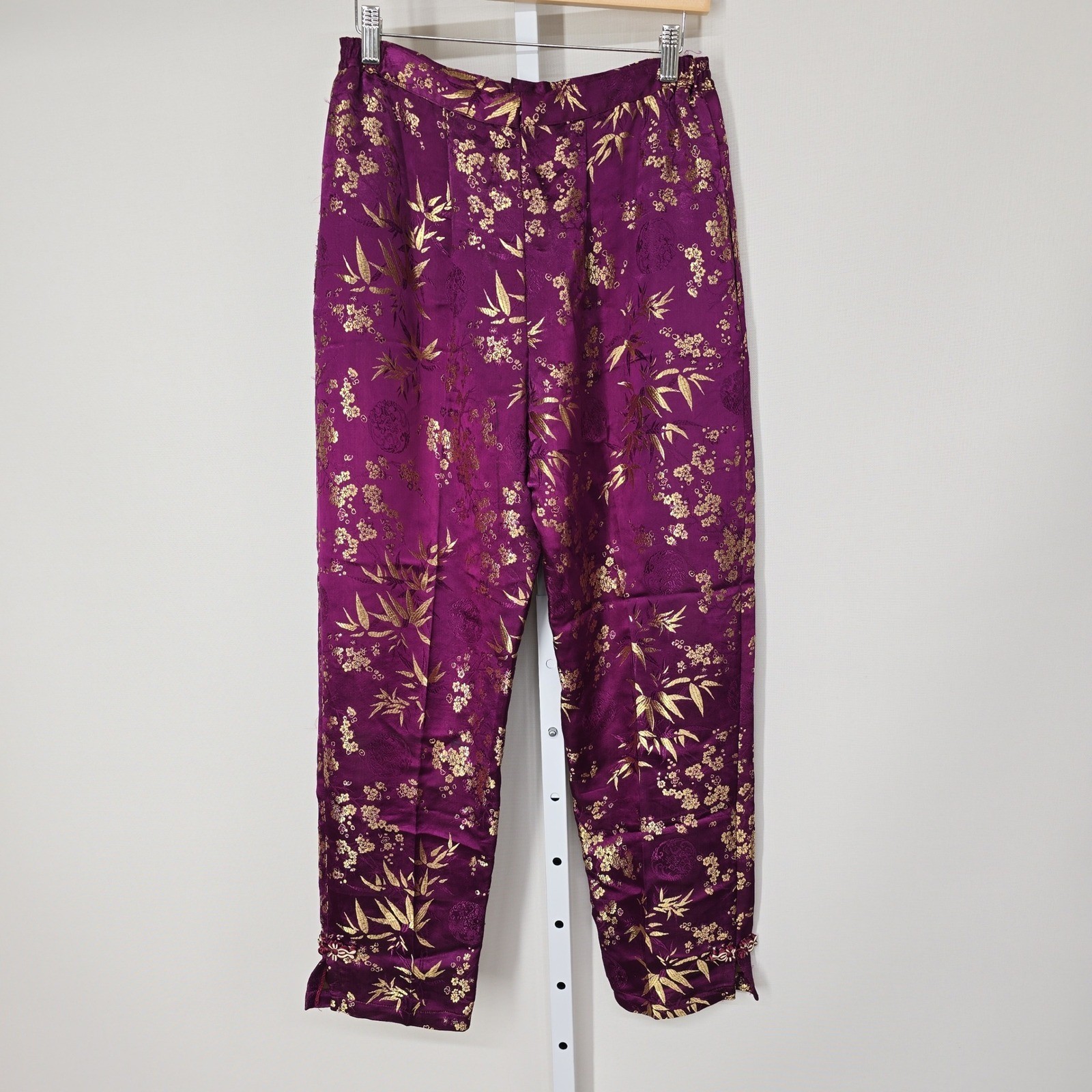 Vintage Magenta Gold Silk Satin Brocade Floral Bamboo Tapered Pants Womens XL