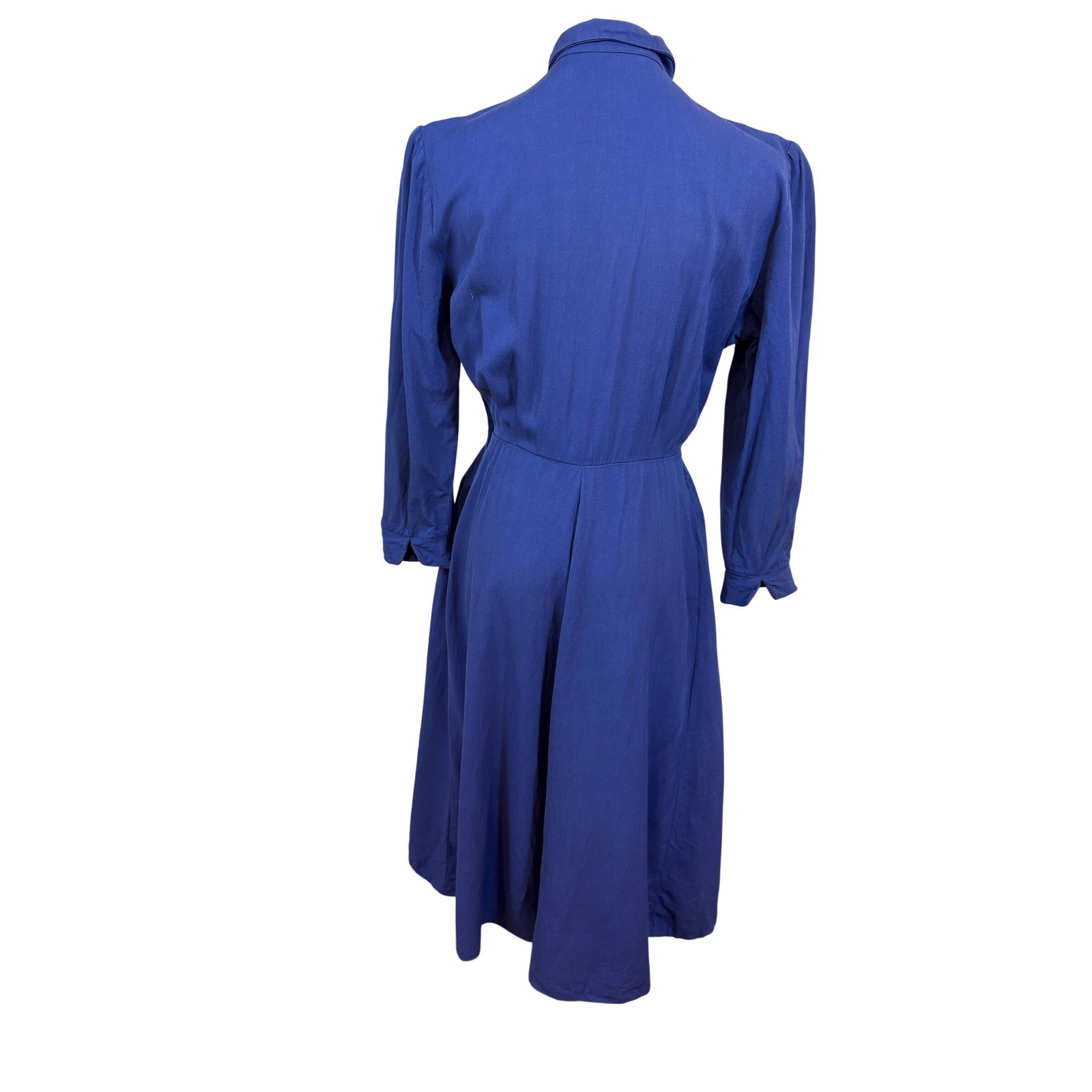 vtg 40s Junard of Dallas Day Dress 27W Blue Collared Iridescent Button fit flare