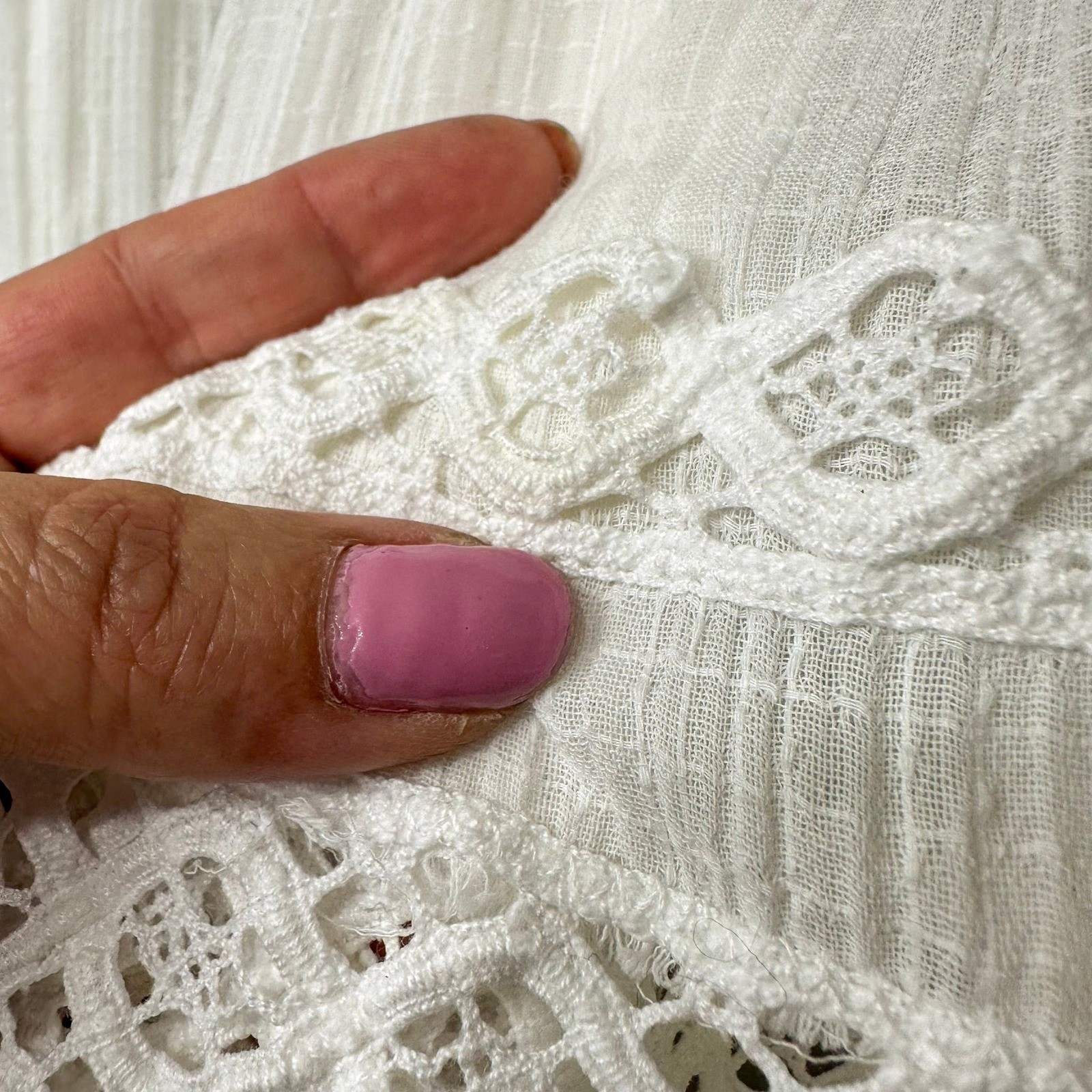 Vintage Handmade Lace Midi Skirt Womens L Ivory Crochet Tiered Prairie Bohemian