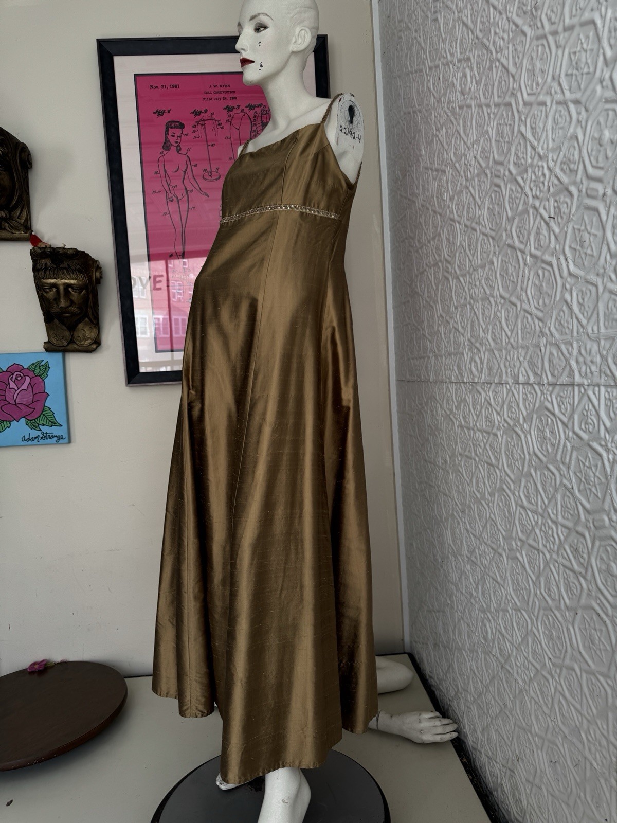 Vintage Gown 1990s Silk Beige Brown Gold Copper Beaded Tank Gown Prom Med/small