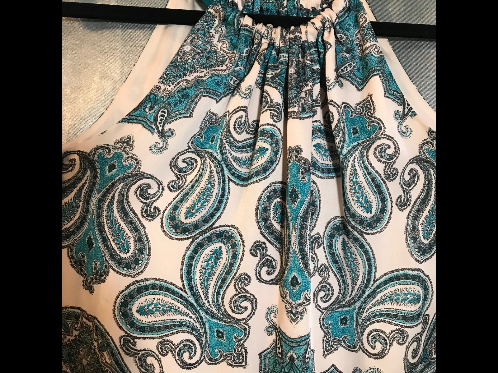 60’s 70’s ish, Paisley Dress, teal, ribbon neck, MAX STUDIO