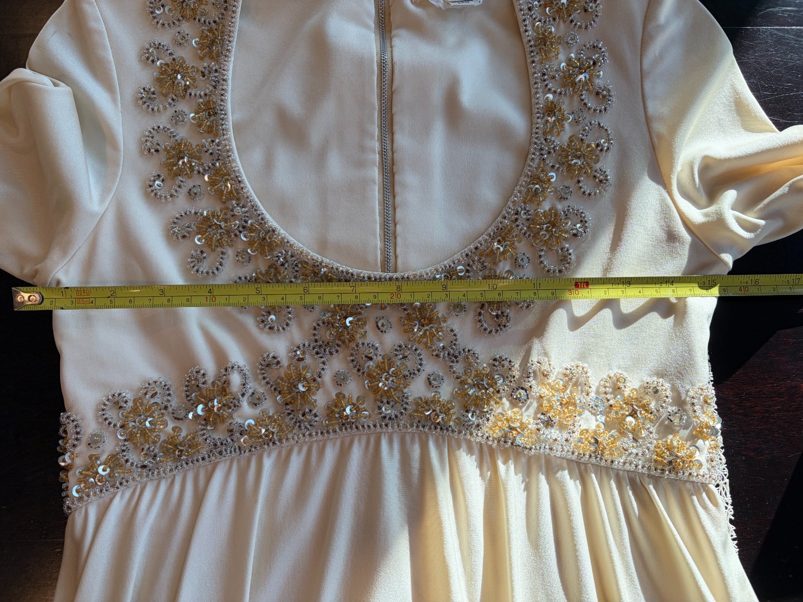Vintage 60s Victoria Cream Ivory Beaded Scoop Neck Empire Waist Dress Gown SZ 8