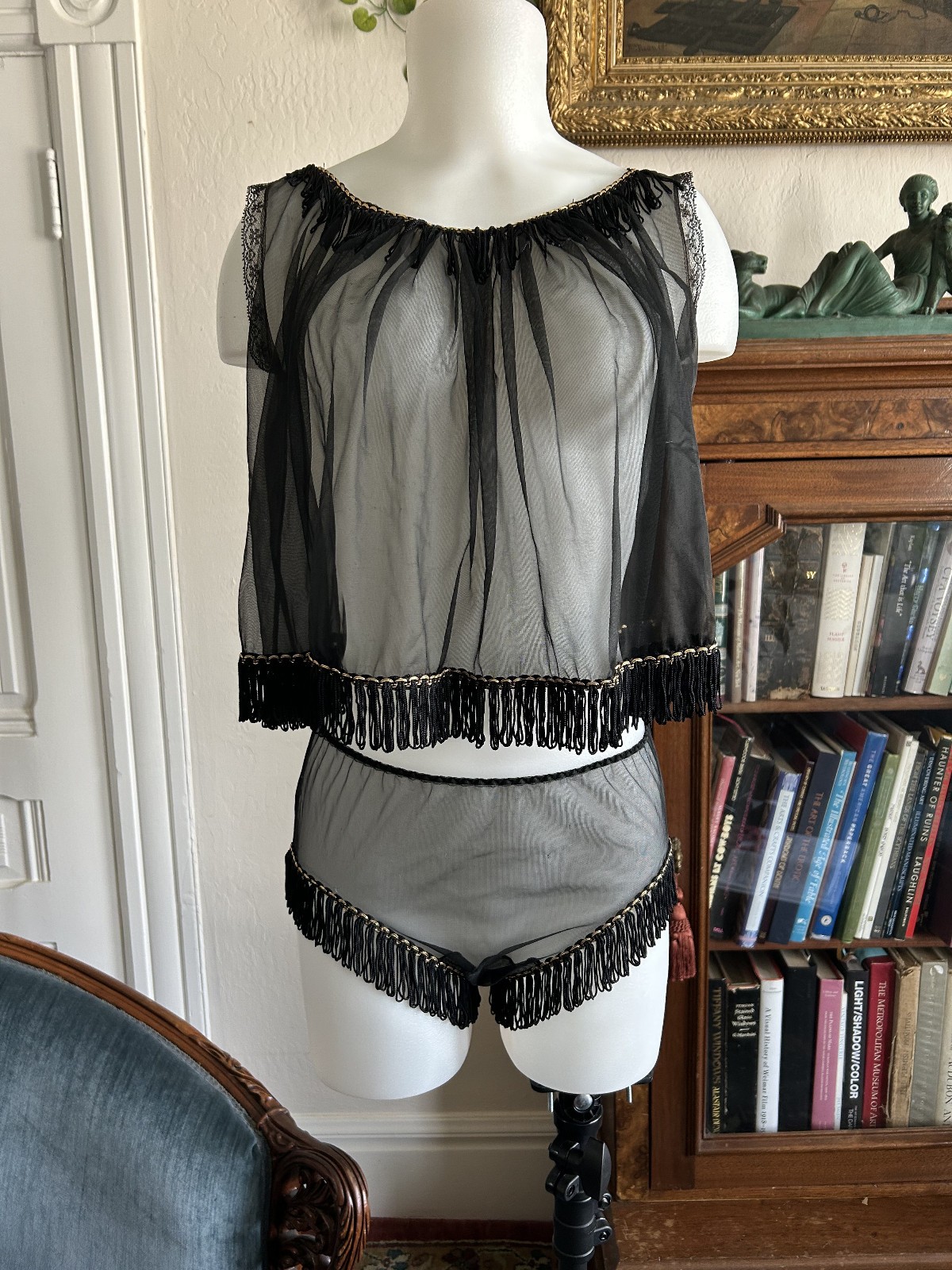 Incredible Vintage 50s 60s 3pc FRINGE Lingerie Set MCM gogo with Cape Peignoir S