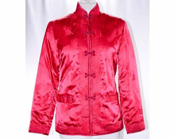 Pink Satin Jacket – Size 6 Asian Raspberry Evening Mandarin Collar Down-Filled