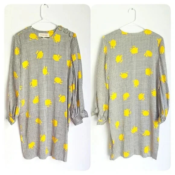 Troa Cho Silk Vintage Houndstooth Floral Black White Yellow Dress 66 (Small)