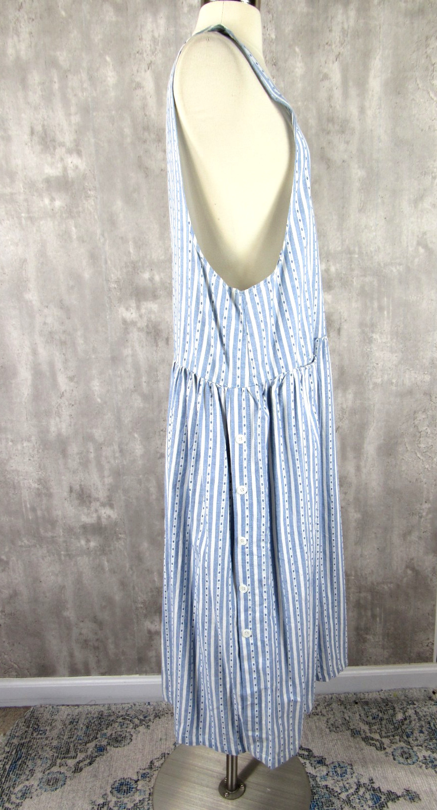 Vintage 80s Blue White Striped Cotton Pinafore Tea Dress Cottagecore NEW Large