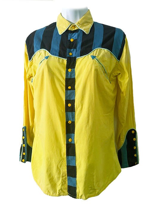 Vtg 40’s 50’s yellow cotton blue stripe unisex metal color snap western shirt S