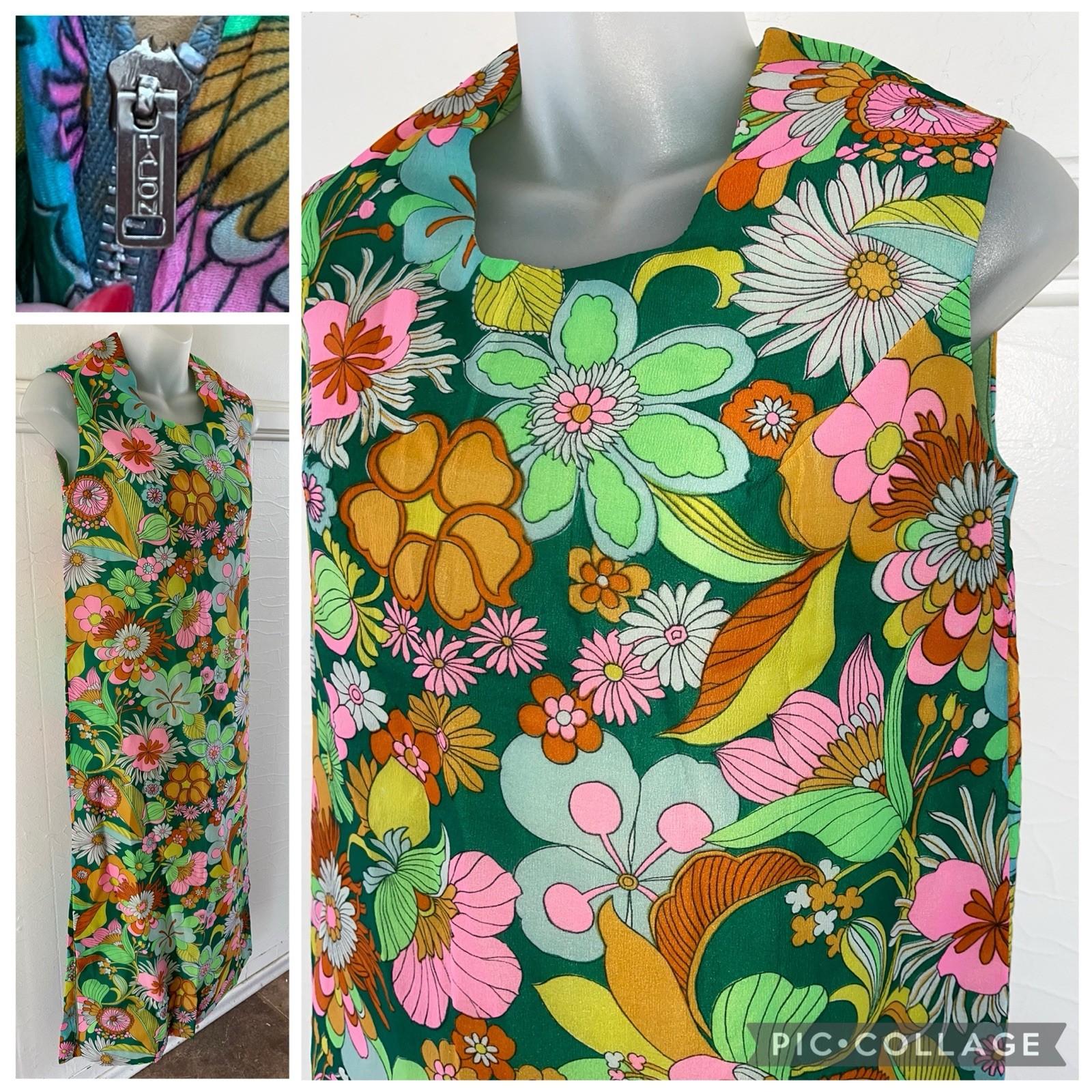 Vtg 1960s Mod Psychedelic Floral Flower Power Sheath Maxi Dress Talon Zip Small