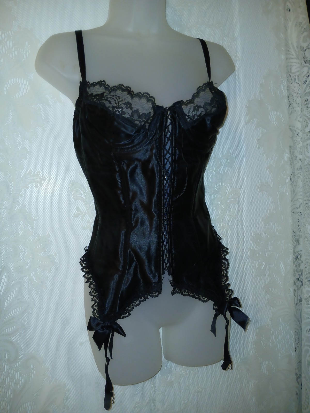 Vintage 80s Fredericks Of Hollywood Black Satin Corset Bustier Garters 36 EUC