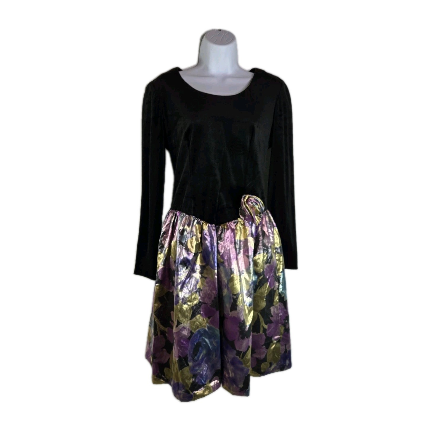 vtg 80s by Berkeley juniors black velvet metallic floral lame formal dress