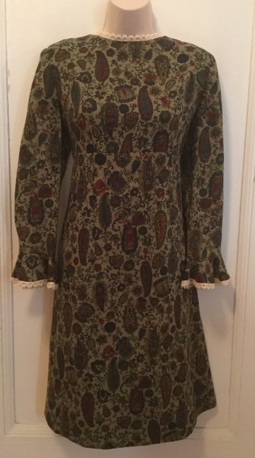 1960s 70s Psych Folk Boho Paisley Green Empire Groovy Carnaby Go Go Lace S/M
