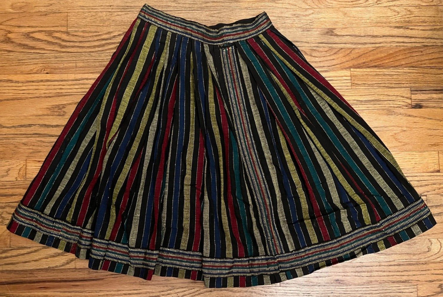 Vtg 70s La Momosteca Hand Woven Striped Gold Thread Skirt Guatemala