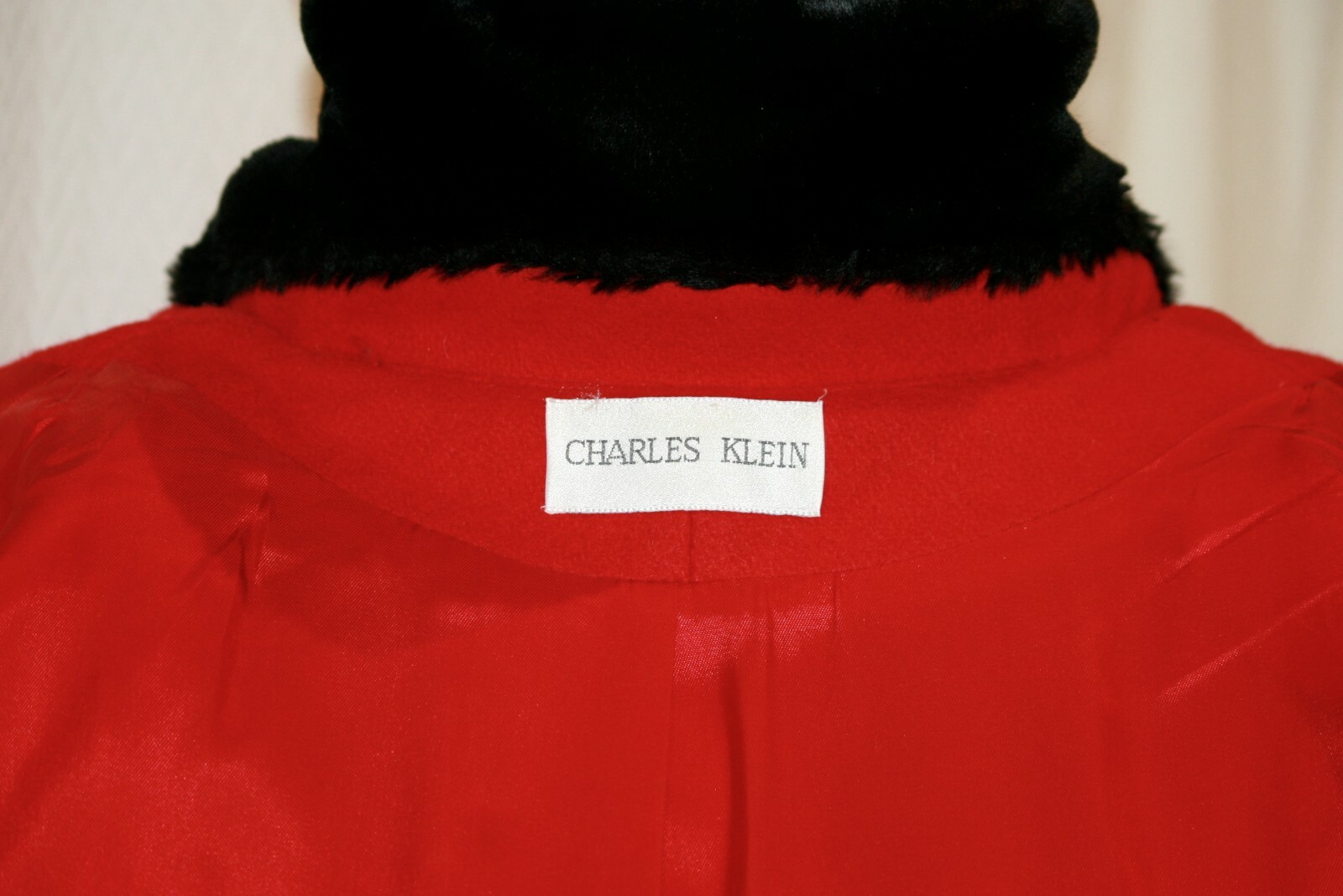 Candy Apple Red Charles Klein Midi Wool Coat w/ Black Faux Fur Collar Wms Med Lg