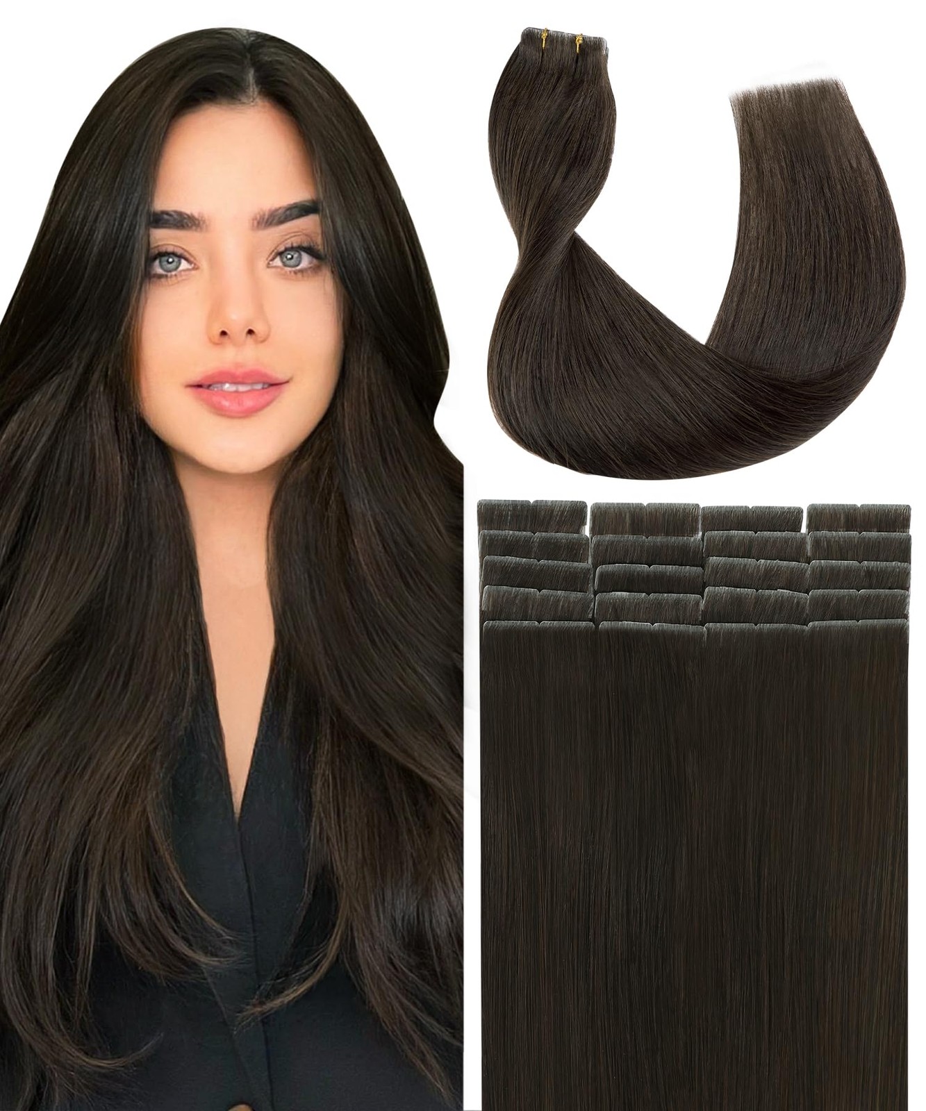 SURNEL Black Tape-in Hair Extensions 14 Inch Human Hair 20 pcs Invisible Tape