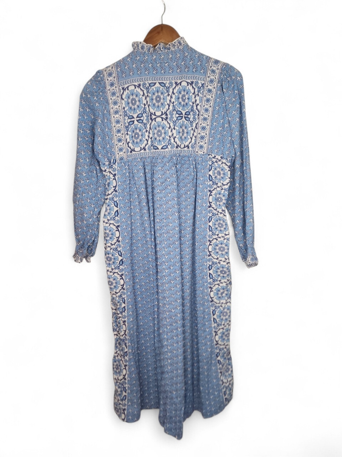 1970s Ramona Rull Floral Print Vintage Cotton Long Sleeve Dress in Blue Size L