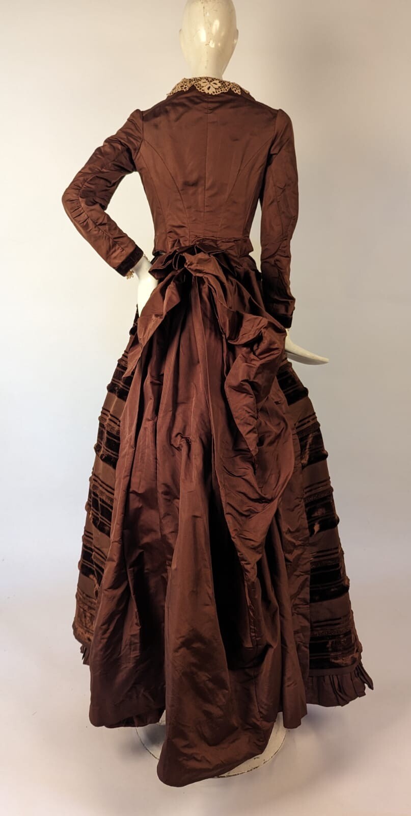 VICTORIAN 1880’S SILK BUSTLE DRESS W VELVET STRIPING + LABEL + BUILT IN BUSTLE