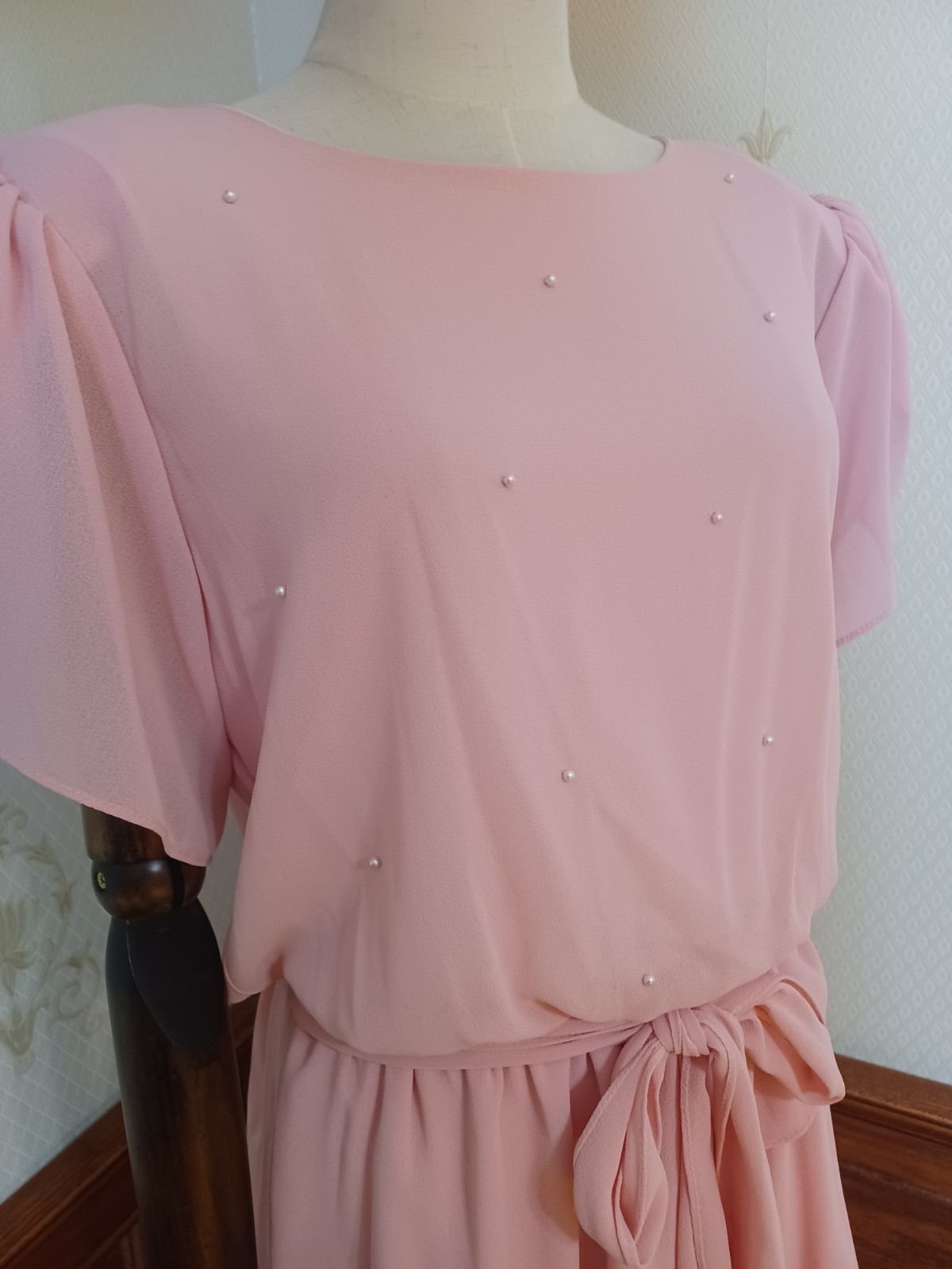 Vintage 1960s/70s Toni Todd Union-Made Pink Pearled Puff Sleeve Coquette Dress