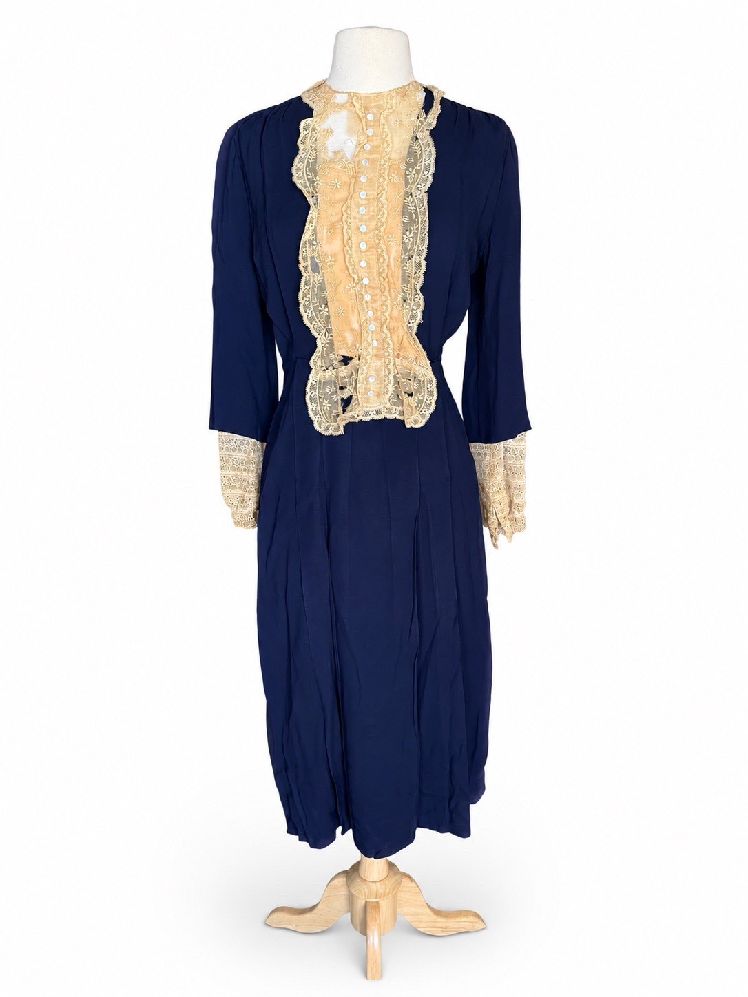 Vintage Edwardian Blue Ecru Lace Crepe Dress Antique Paramount Studios 1910s