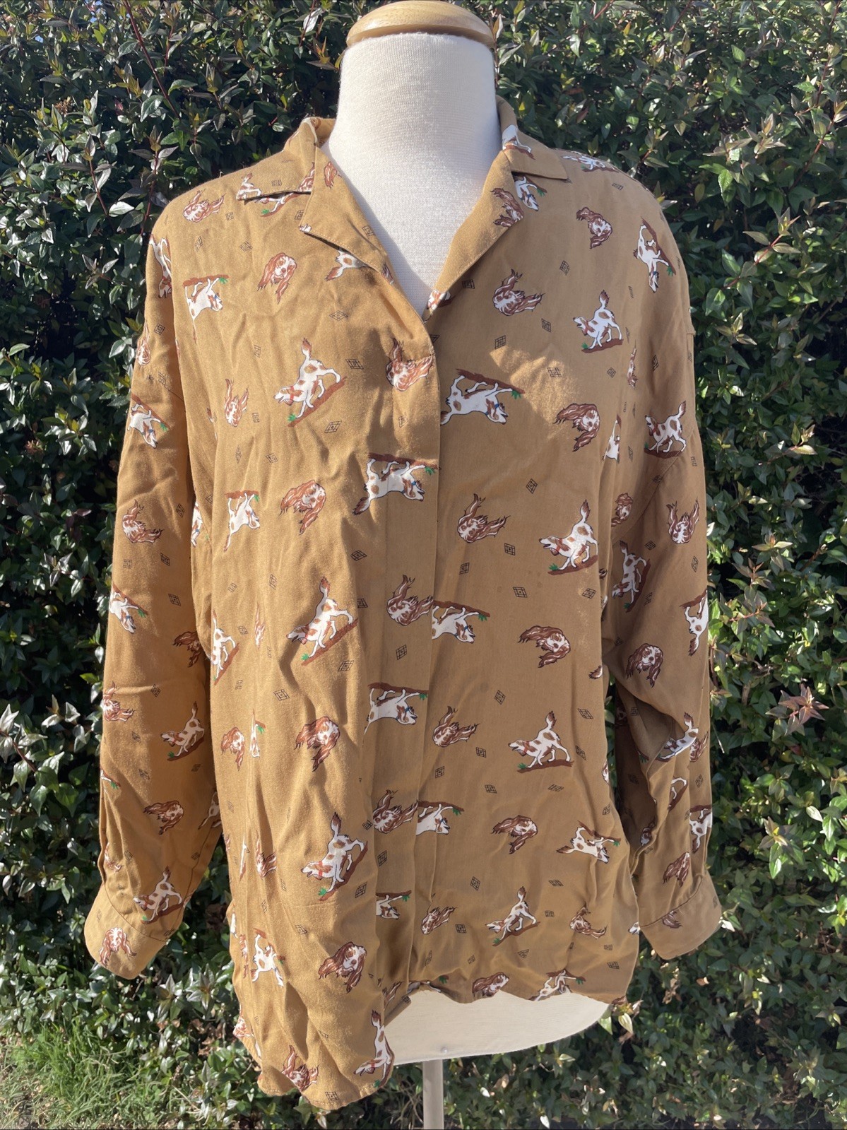 VTG 80s Chaus Sz M Button Up Shirt Cocker Spaniel Dog Brown All Over Print Rayon