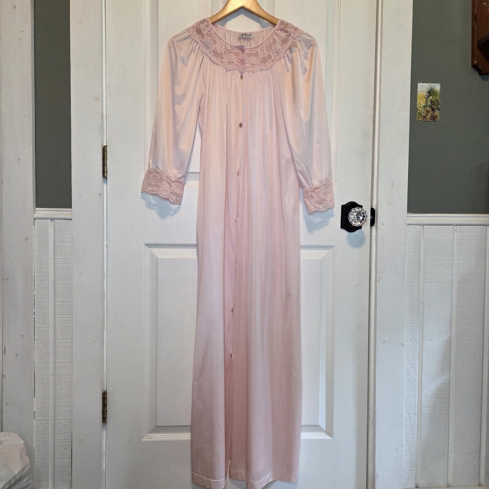 Vtg Gilead Maxi Nightgown Robe Button Front Pink Satin Lace Romantic One Size