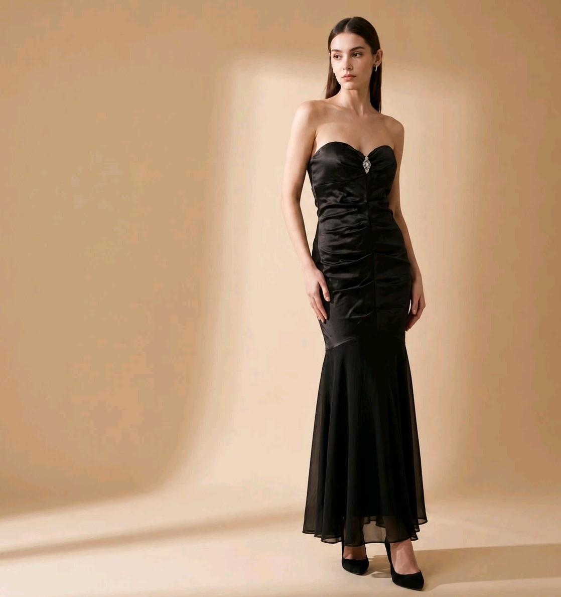 Vintage Y2K Xscape Black Maxi Dress Size 14 Dark Mermaid Strapless Ruched Goth