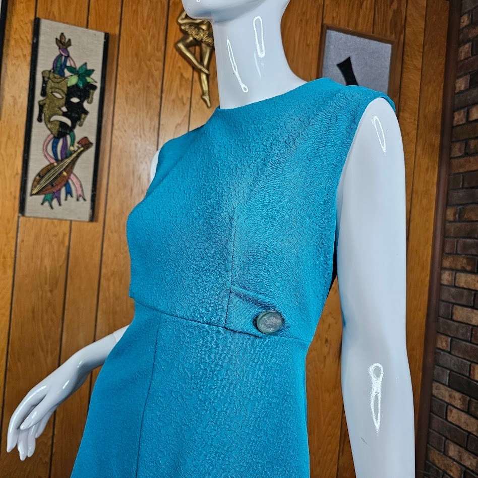 Vintage 60s Mod Go Go A-Line Empire Mini Shift Teal Texture Knit Party Dress M/L
