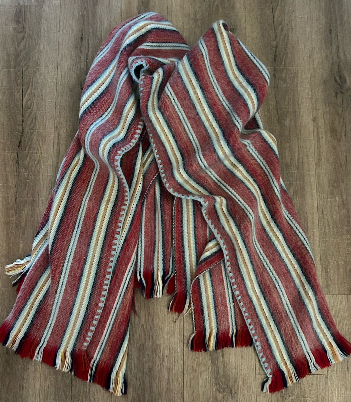 Vintage Poncho Serape Blanket Stripe Wool? Fringe Square 36″ One Size S M L XL