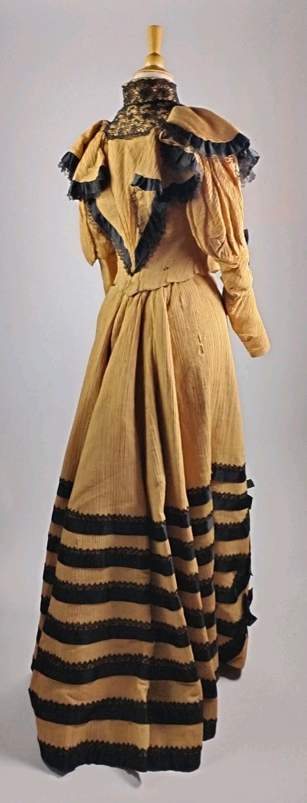Antique c.1880 Victorian Bustle Silk Dress Black Trim Two Piece Gown Paris Label