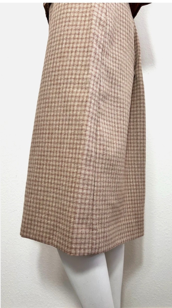 60s-70s Plaid Vest Top Skirt Set Size Small Career Guild Vintage Midi Brown Red