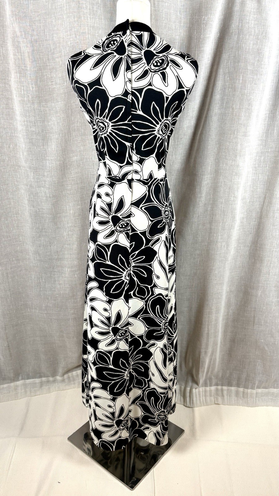 Vintage Black And White Mod Maxi Dress Size Large Floral Hawaiian Tiki Sz Large