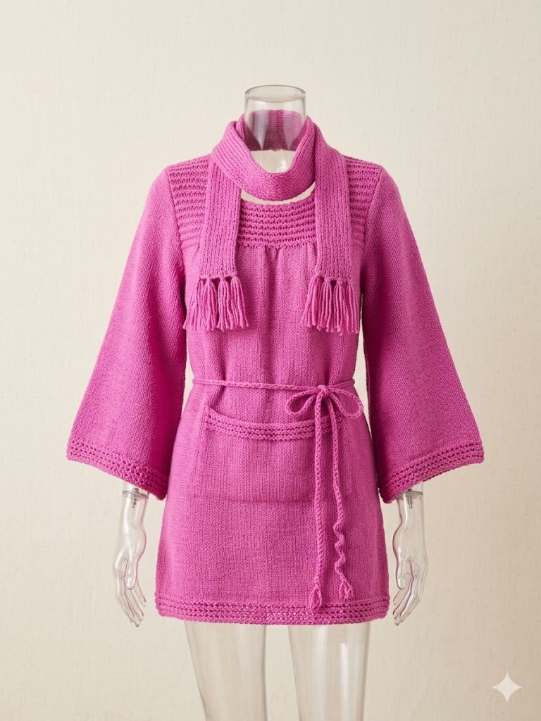 VTG 70s Hand Knit Wool Tunic Dress Scarf Belt Set Pink Lagenlook Boho Medium M