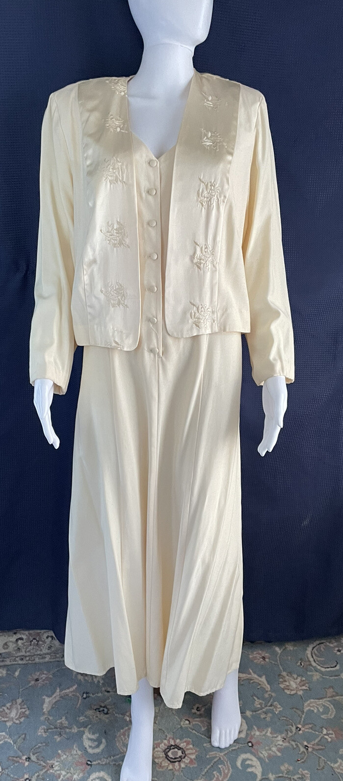 Vtg Wild Rose Dress Jacket 14 Cream Embroidered 90s Ivory Elegant