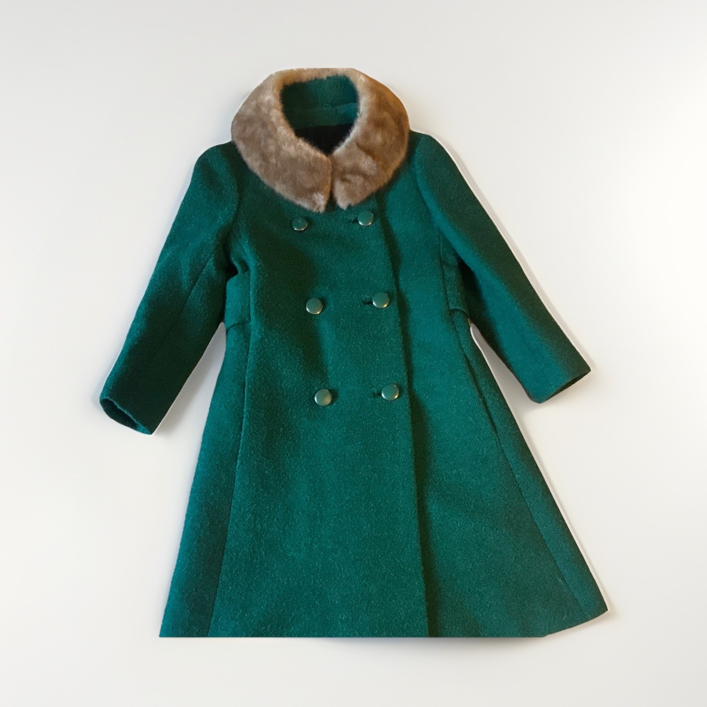 May-D&F Town & Country Green Coat, Faux Fur Collar, Double Breasted, Belted Back