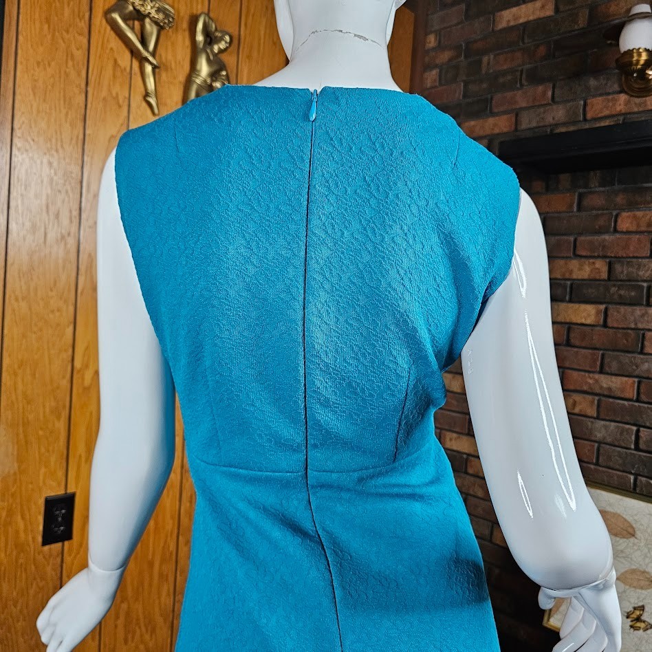Vintage 60s Mod Go Go A-Line Empire Mini Shift Teal Texture Knit Party Dress M/L